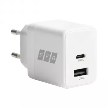 EFB Elektronik G201A1CE 20W GaN USB-C PD3.0 + USB-A QC3.0 set zidnog punjača s 2m USB-C kabelom, bijeli