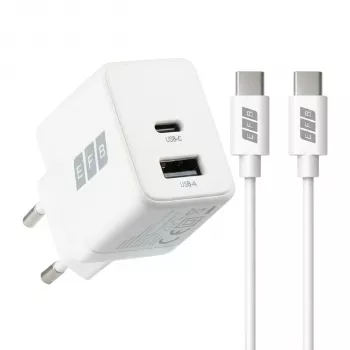 EFB Elektronik G301A1CE 30W GaN USB-C PD3.0 + USB-A QC3.0 set zidnog punjača s 2m USB-C kabelom, bijeli
