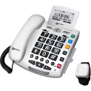 Geemarc Pack SERENTIES Corded Senior Telephone with Fall Detection Pendant, Backlit Display, White