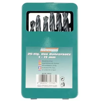 Brüder Mannesmann M54341 25-Piece HSS Twist Drill Bit Set, 1-13 mm in Metal Case