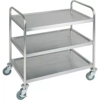 APS 11979 Stainless Steel 3-Shelf Service Trolley, 91x59 cm, 120 kg Capacity, Swivel Casters with Brakes