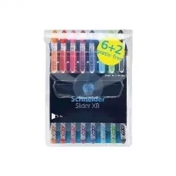 Schneider Slider Basic set kemijskih olovaka - 8 različitih boja, ekstra široki vrh 1,4 mm, Viscoglide tehnologija, ergonomska gumirana drška, kopča od nehrđajućeg čelika 151298
