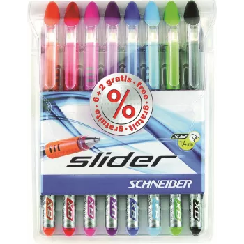 Schneider Slider Basic set kemijskih olovaka - 8 različitih boja, ekstra široki vrh 1,4 mm, Viscoglide tehnologija, ergonomska gumirana drška, kopča od nehrđajućeg čelika 151298