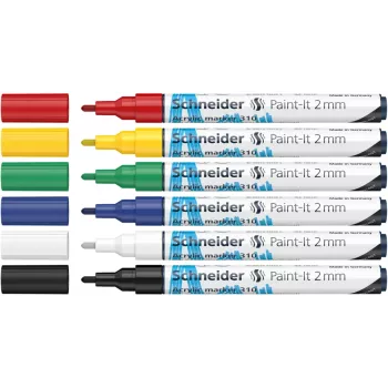 Schneider Paint-It 310 V1 Acrylic Marker Set, Assorted Colours, 2.0 mm Bullet Tip, 6 Pieces (120195)