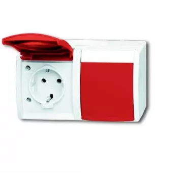 Busch-Jaeger 20/2 Double Socket Outlet with Red Hinged Cover, Horizontal, 2084-0-0713 (2CKA002084A0713)