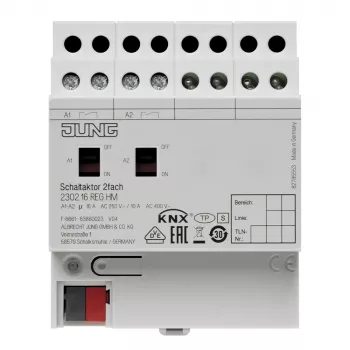 Jung KNX sklopni aktuator, 2-kanalni, 16 A, 230 V AC, DIN tračnica, 2 TE 2302.16REGHM