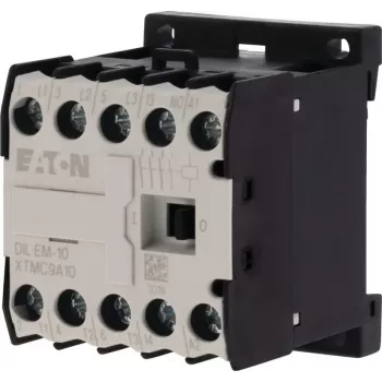 Eaton DILEM-10-G(12VDC) mini kontaktor, 3-polni, 12 V DC zavojnica, 9 A AC-3, 1 NO pomoćni kontakt, IP20, vijčane stezaljke, montaža na DIN tračnicu/vijcima, crno-bijeli 079594