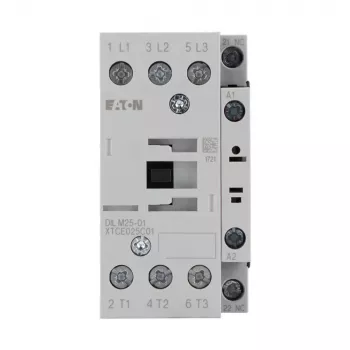 Eaton DILM25-01(RDC24) 3-polni kontaktor, 24 V DC zavojnica, 25 A AC-3, 1 NC pomoćni kontakt, IP00, crno-bijeli 277178
