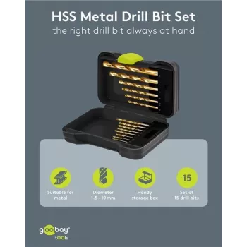 Goobay 77850 HSS set svrdla za metal, 15 dijelova, 1,5-10 mm, DIN 338, u kutiji za pohranu