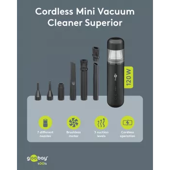 WENTRONIC Goobay Superior mini ručni usisavač na bateriju, crni, 7 nastavaka, 3 četke, USB-C, 8000 Pa 77829