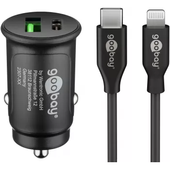 Goobay set Dual-USB auto brzog punjača Lightning 27 W - USB-C i USB-A auto punjač s USB-C na Lightning kabelom 72166