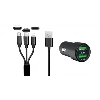 IWH dvostruki USB automobilski punjač 3-u-1 12/24V 3,4A crni (19061)