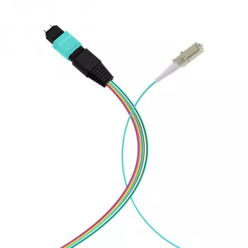 MPO-PLUS (M) na LC fanout kabel OM3 12 vlakana tip B LSZH Aqua 0,4m MPOM12LCOM3-0,4