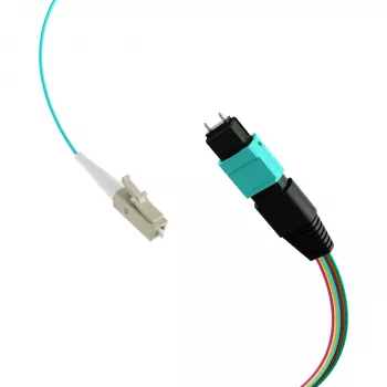 MPO-PLUS (M) na LC fanout kabel OM3 12 vlakana tip B LSZH Aqua 0,4m MPOM12LCOM3-0,4