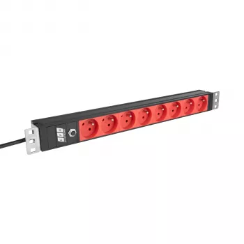 EFB ELEKTRONIK EK631CF.1V2 19 inch 1U Rackmount PDU, 8 x CEE 7/5 (tip E) crvene utičnice, IEC C14 ulaz, 10A zaštita od preopterećenja, crno