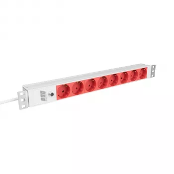 EFB Elektronik EK631CD.1GRV2 19 inch 1U rackmount produžni kabel s utičnicama, 8x CEE 7/3 crvene utičnice, IEC C14 ulaz, 10A zaštita od preopterećenja, sivi