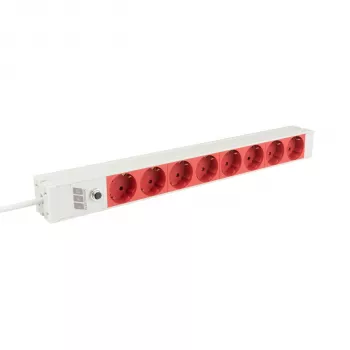 EFB Elektronik EK631CD.1GRV2 19 inch 1U rackmount produžni kabel s utičnicama, 8x CEE 7/3 crvene utičnice, IEC C14 ulaz, 10A zaštita od preopterećenja, sivi