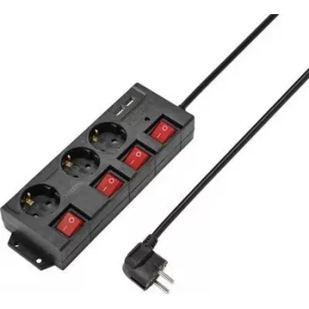 Sygonix RF-4737788 Power Strip with Switch, 6 Schuko Sockets, 1.5 m Cable, Black