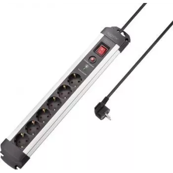 SYGONIX SY-4755612 Surge Protector Power Strip, 6 Schuko Sockets, Overcurrent Protection, Silver/Black, 1.5 m Cable