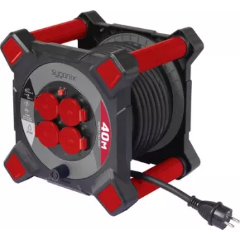 Sygonix SY-10236126 Cable Reel 25m H05VV-F 3G1.5 4 Schuko Sockets Thermal Cut-out Black