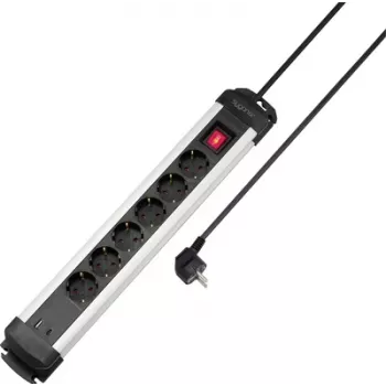 Sygonix SY-6807130 6-Way Power Strip with Illuminated Switch, Black/Silver, 1.5 m Cable
