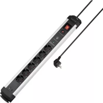 Sygonix SY-6805674 6-Way Surge Protected Power Strip with Switch, Schuko, 1.5 m Cable, Black/Silver