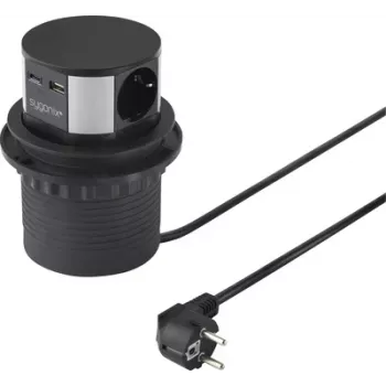 Sygonix SY-6887466 3-struka produžna letvica toranj, crna/srebrna, 1,5 m kabel, 3 Schuko utičnice, 3680 W, osvijetljeni prekidač