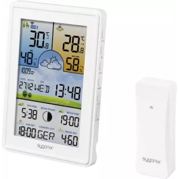 Sygonix SY-5509564 Digital Weather Station with 12-24 Hour Forecast, DCF Clock, Indoor/Outdoor Temperature and Humidity, Moon Phase, Frost Warning, 3-Channel Sensor Support