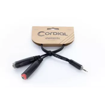 Cordial 14892 audio Y-adapter kabel, 3,5 mm stereo utikač na dvije 6,3 mm mono utičnice, 0,3 m, crni PVC