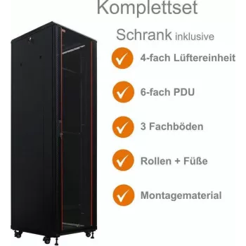 IT-BUDGET 19 inch mrežni ormar SRK kompletan set, 38U, 600x600 mm, staklena vrata sprijeda, čelična vrata straga, 4 aktivna ventilatora, PDU, police, predmontiran, crni 99ITB19SRK3866GSM