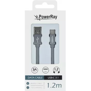 PowerRay podatkovni kabel PR-DCUC120TGY USB-A na USB-C 1,2 m tekstil sivi pleteni brzo punjenje i 5 Gbps sinkronizacija podataka