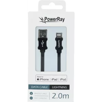 PowerRay PR-DCUL200TBK MFi certificirani USB-A na Lightning pleteni kabel, 2 m, crni
