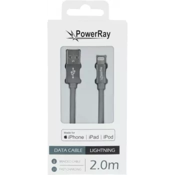 PowerRay PR-DCUL200TGY MFi certificirani USB-A na Lightning pleteni kabel 2m tekstil sivi