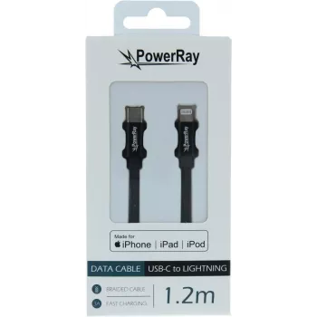 PowerRay USB-C na Lightning MFi pleteni podatkovni i kabel za punjenje 1,2m crni PR-DCCL120TBK