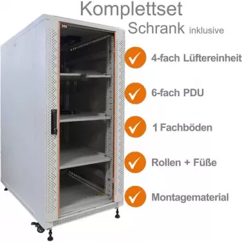 IT-BUDGET 19 inch mrežni ormar SRK kompletan set - 18U - 600x600 mm - staklena/čelična vrata - 4 aktivna ventilatora - PDU - police - flatpack - svijetlosivi 90ITB19SRK1866GG