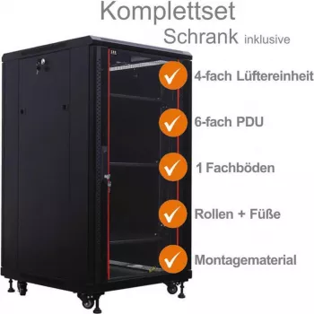 IT-BUDGET 19 inch mrežni ormar SRK kompletan set - 18U, 600x800 mm, staklena vrata sprijeda, čelična vrata straga, 4 aktivna ventilatora, PDU, police, predmontiran, crni 99ITB19SRK1868GSM