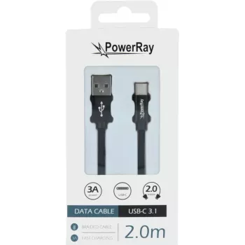 PowerRay podatkovni kabel PR-DCUC200TBK, USB-A na USB-C, 2,0 m, tekstilni crni, blister
