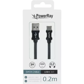 PowerRay PR-DCUC020TBK USB-A na USB-C kabel za podatke i punjenje, 0,2 m, tekstilni crni, blister pakiranje