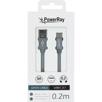 PowerRay podatkovni kabel PR-DCUC020TGY, USB-A na USB-C, 0,2 m, tekstilni sivi, blister pakiranje