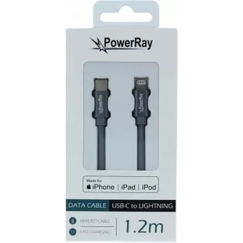 PowerRay USB-C na Lightning MFi certificirani pleteni kabel 1,2m sivi PR-DCCL120TGY