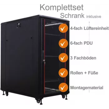 IT-BUDGET 19 inch mrežni ormar SRK kompletan set 27U 600x600 mm staklena/čelična vrata crni 99ITB19SRK2766GSM