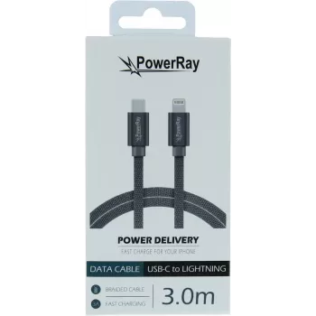 PowerRay USB-C na Lightning pleteni kabel 3m tekstilni sivi PR-DCCL300TGY
