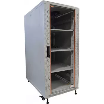 IT-BUDGET 19 inch mrežni ormar SRK komplet 22U 600x600 mm staklena/čelična vrata 4 ventilatora PDU police Flatpack svijetlosivi 90ITB19SRK2266GG