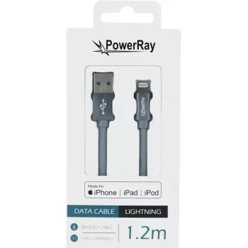 PowerRay USB na Lightning MFi tekstilni kabel 1,2 m tekstilno sivi PR-DCUL120TGY