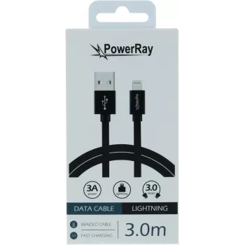 PowerRay USB na Lightning podatkovni kabel 3m tekstil crni PR-DCUL300TBK