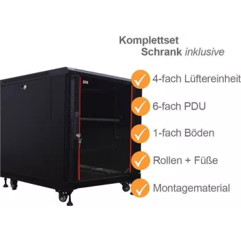 IT-BUDGET 19 inch serverski ormar SRK kompletan set - 12U - 600x1000 mm - staklena/čelična vrata - 4 aktivna ventilatora - PDU - police - Flatpack - crni 90ITB19SRK12610GS
