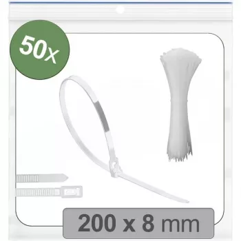 Quadrios 25CA711 Releasable Cable Tie, 200 x 8 mm, White, UV-Stabilized, Weather-Resistant, 50-Pack