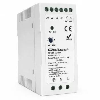 Qoltec DIN napajanje za montažu na tračnicu 60W 24V 2,5A bijelo slim