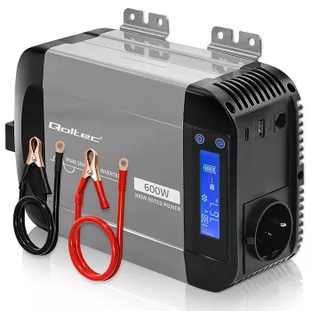 Qoltec čisti sinusni inverter 12V na 230V 300W/600W s LCD-om, USB-A i USB-C PD, kompatibilan s LiFePO4/GEL/AGM