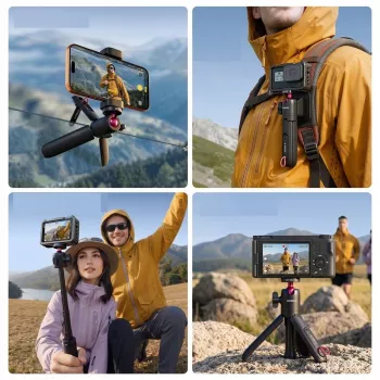 ULANZI MT-55 4-u-1 mini stativ selfie štap ručka kopča za ruksak s kuglastom glavom, vijak 1/4 inch, držač za mobitel 60-85mm, aluminijska legura, crni